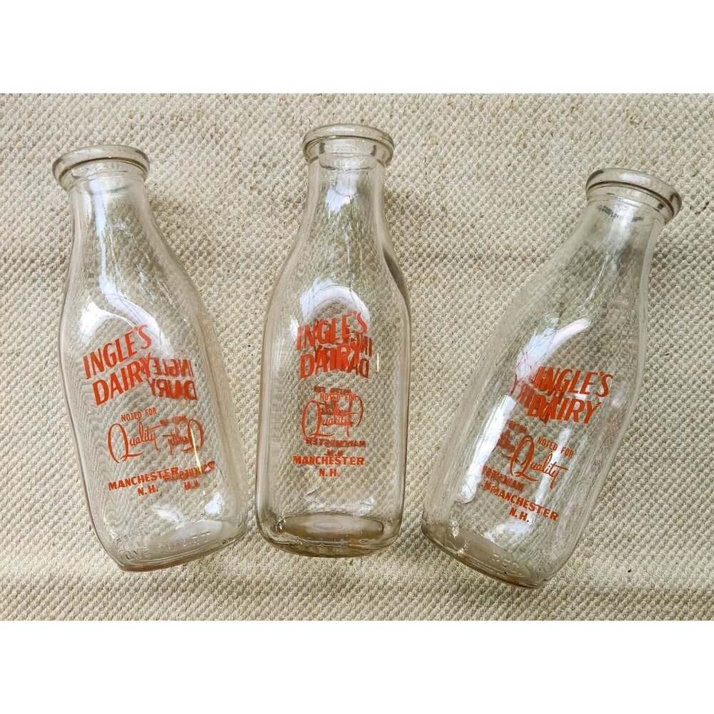 Ingle's Dairy Quart Milk Bottle Manchester NH Noted for Quality Orange Ink N. H.